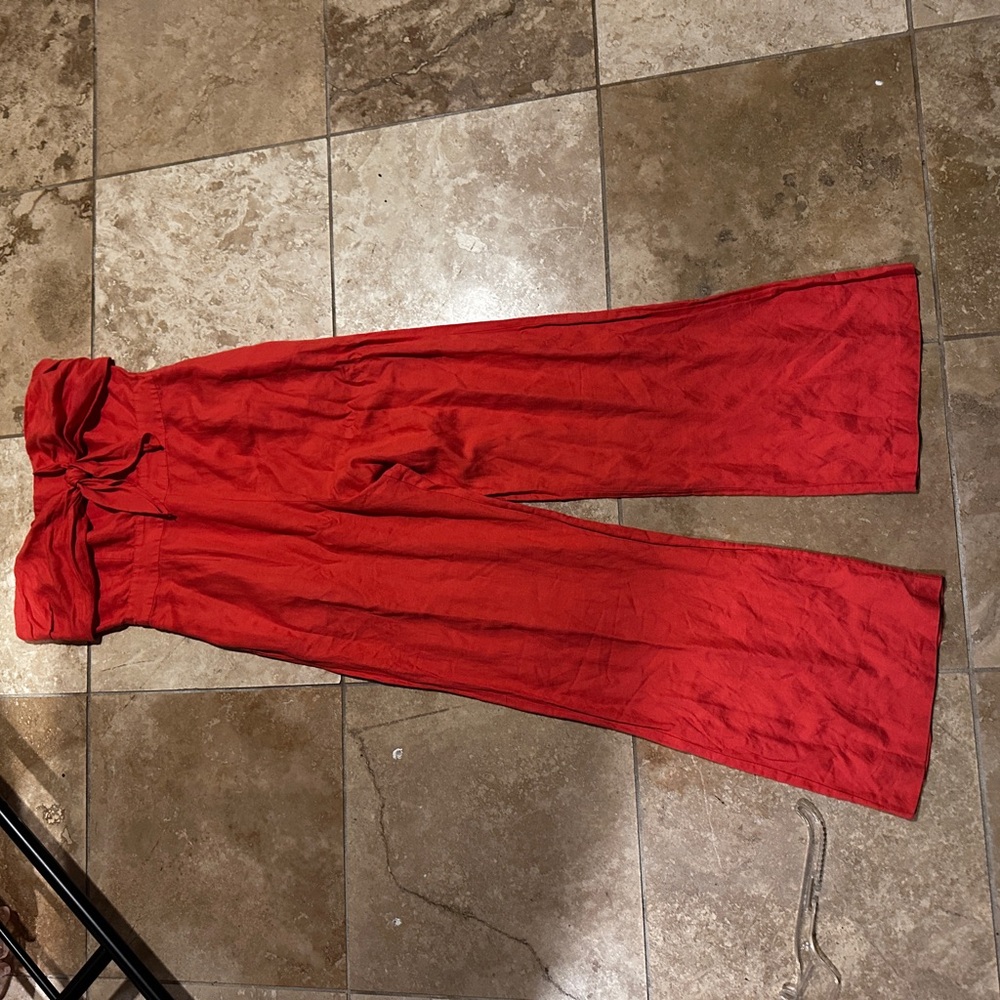 Derek Lam Vibrant Red linen strapless  Wide-Leg Pants/Jumpsuit